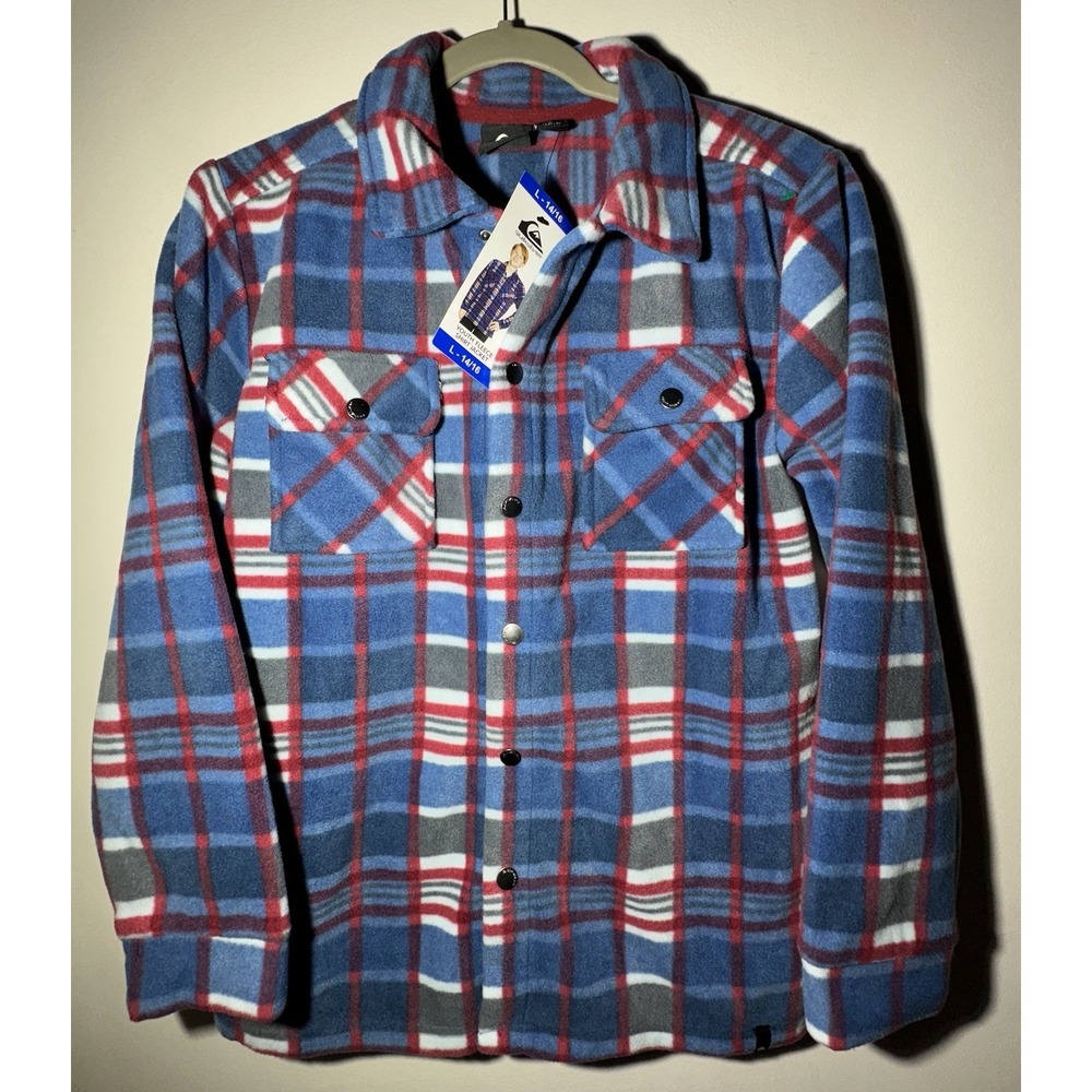 Quiksilver Plaid Fleece Button Down Snap Shirt Jacket Blue & Red Youth L NWT
